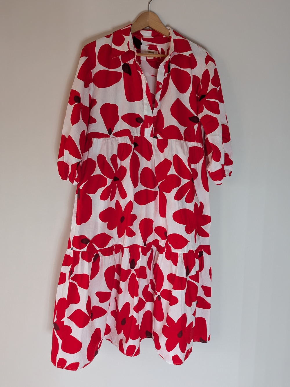 Anthropologie White Dress with Bold Red Floral Print